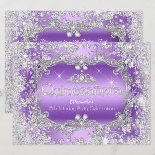 Convites Quinceanera Roxo Tiara de Prata Inverno Encantado