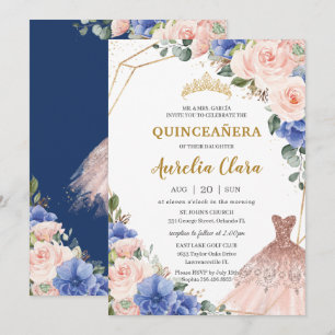 Convites Quinceañera Royal Blue Blush Floral Ball Gown 