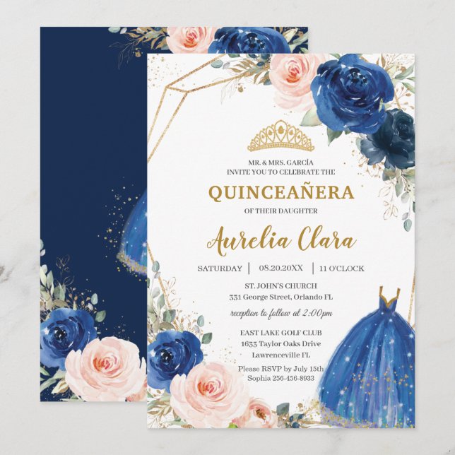 Convites Quinceañera Royal Blue Blush Floral Rosa Ball Gown (Frente/Verso)
