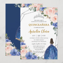 Convites Quinceañera Royal Blue Blush Floral Silver Tiara
