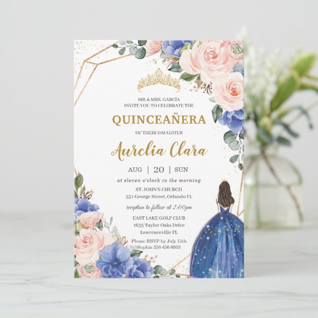 Convites Quinceañera Royal Blue Blush Princesa Dourada Flor (Em pé/Frente)