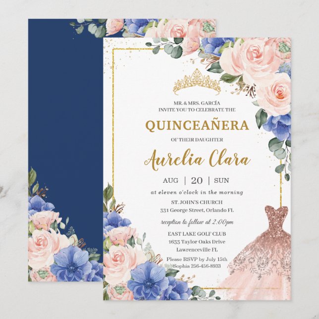 Convites Quinceañera Royal Blue Blush Vestido Floral Tiara (Frente/Verso)