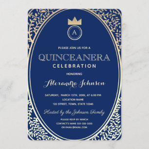 Convites Quinceanera Royal Blue e Princesa Dourada Monogram