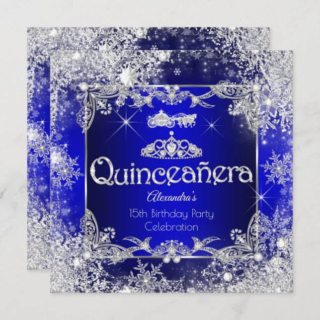 Convites Quinceanera Royal Blue Fairytale Winter Wonderland (Frente/Verso)