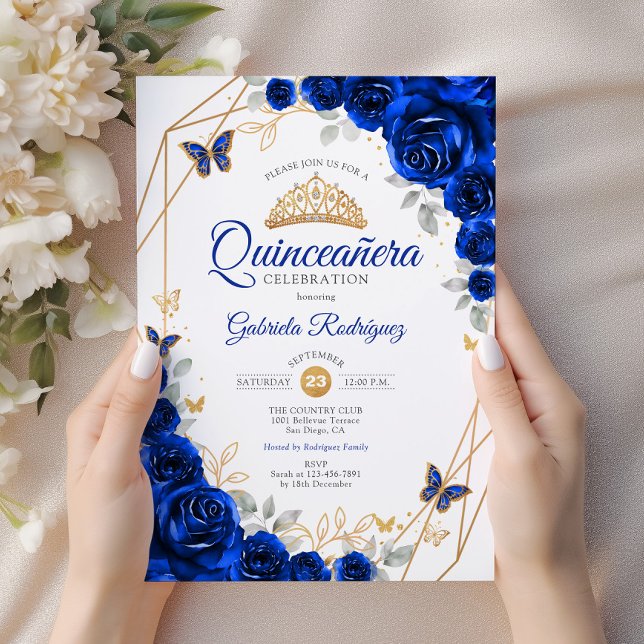 Convites Quinceanera Royal Blue Floral (Criador carregado)