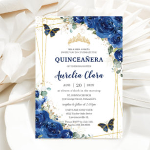 Convites Quinceañera Royal Blue Floral Butterflies Aniversá