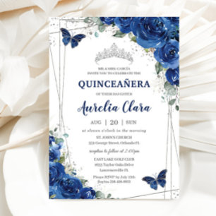 Convites Quinceañera Royal Blue Floral Butterflies Aniversá
