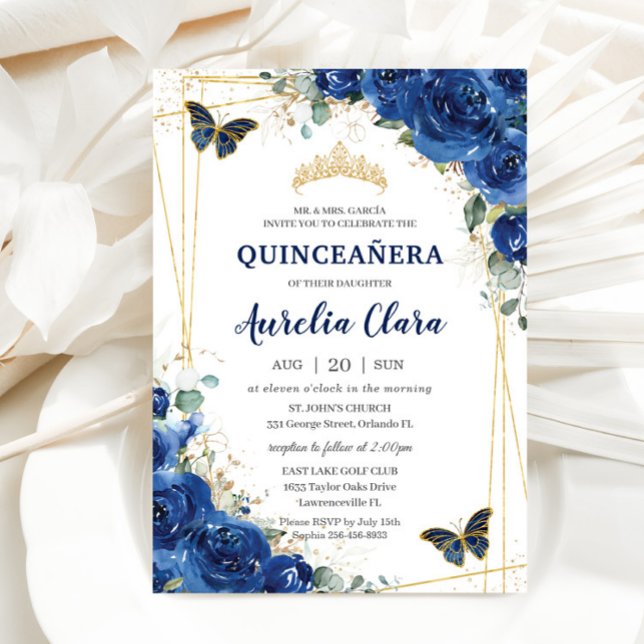 Convites Quinceañera Royal Blue Floral Butterflies Aniversá (Criador carregado)