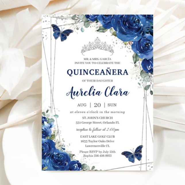 Convites Quinceañera Royal Blue Floral Butterflies Aniversá (Criador carregado)