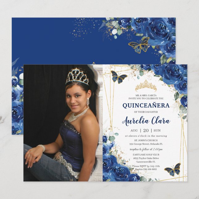 Convites Quinceañera Royal Blue Floral Butterflies Aniversá (Frente/Verso)