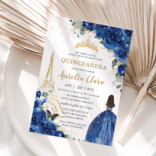 Convites Quinceañera Royal Blue Floral Paris Eiffel Dourado