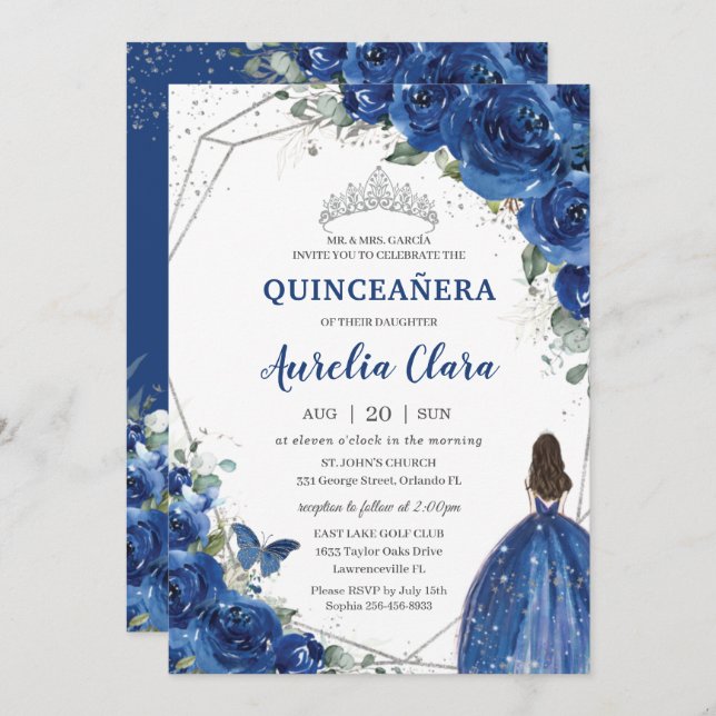 Convites Quinceañera Royal Blue Floral Princesa Aniversário (Frente/Verso)