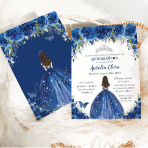 Convites Quinceañera Royal Blue Floral Princesa Aniversário