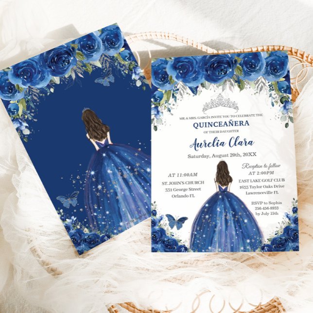 Convites Quinceañera Royal Blue Floral Princesa Aniversário (Criador carregado)