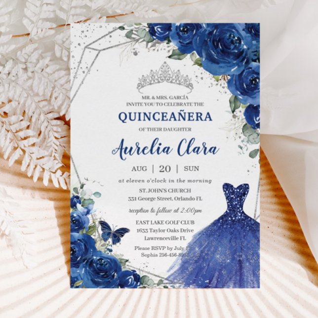 Convites Quinceañera Royal Blue Floral Princesa Aniversário (Criador carregado)