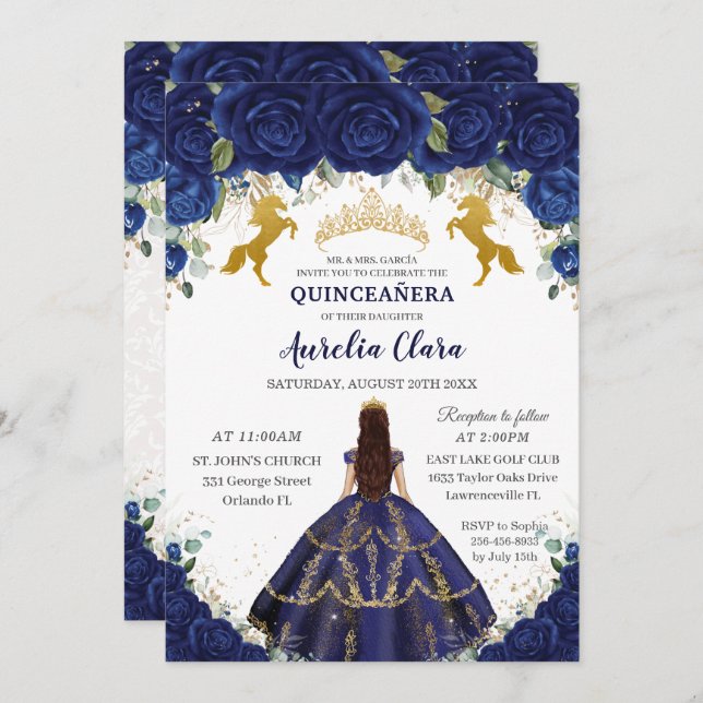 Convites Quinceañera Royal Blue Floral Princesa Dourada Cav (Frente/Verso)