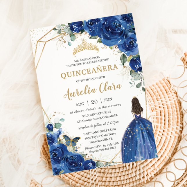 Convites Quinceañera Royal Blue Floral Princess 15 Años (Criador carregado)