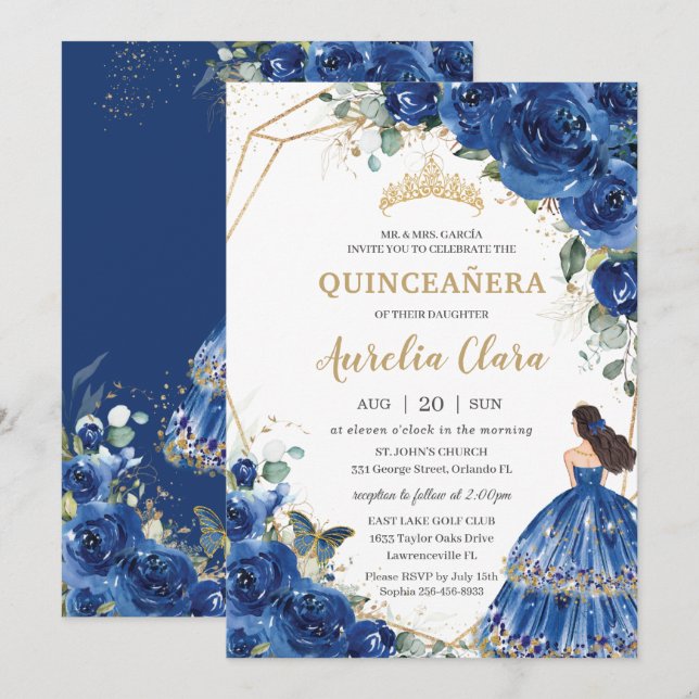 Convites Quinceañera Royal Blue Floral Princess 15 Años (Frente/Verso)