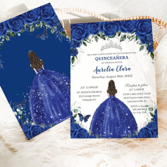Convites Quinceañera Royal Blue Flowers Princesa Aniversári (Criador carregado)