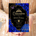 Convites Quinceanera Royal Blue Gold Butterfly Dress Floral<br><div class="desc">Royal blue black and gold Quinceanera celebration invitation. Features brunette girl in ball gown dress,  script font,  gold butterflies,  watercolor roses and tiara. Perfect for an elegant princess style glam celebration. Personalize with your own details. Printed Zazzle invitations or instant download digital printable template.</div>