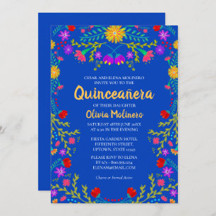 Convites Quinceanera Royal Blue Mexicano Flores Aniversário