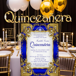 Convites Quinceanera Royal Blue Ouro Pearl Tiara