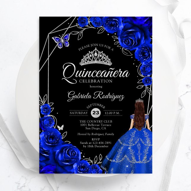 Convites Quinceanera Royal Blue Silver Dress Floral (Criador carregado)