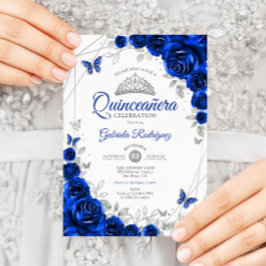 Convites Quinceanera Royal Blue Silver Floral