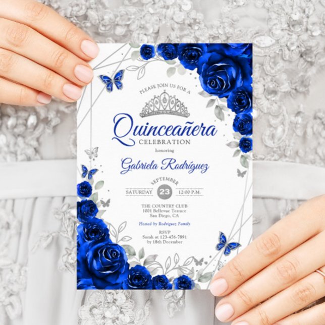 Convites Quinceanera Royal Blue Silver Floral (Criador carregado)