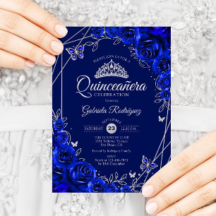 Convites Quinceanera Royal Blue Silver Floral