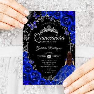 Convites Quinceanera Royal Blue Silver Floral