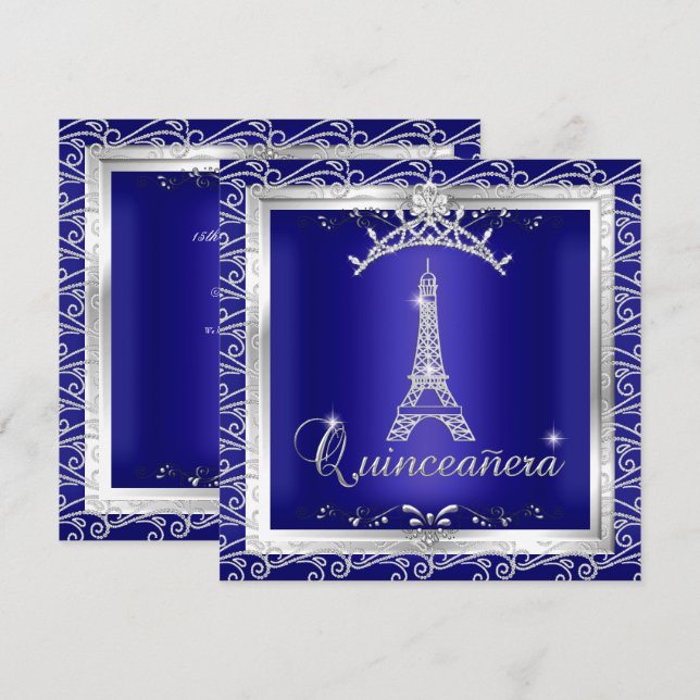 Convites Quinceanera Royal Blue Silver Tiara Eiffel Torre 2 (Frente/Verso)