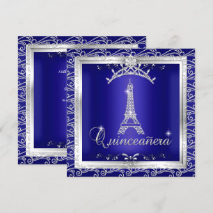Convites Quinceanera Royal Blue Silver Tiara Eiffel Torre 2