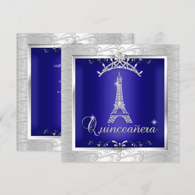 Convites Quinceanera Royal Blue Silver Torre Tiara Eiffel (Frente/Verso)