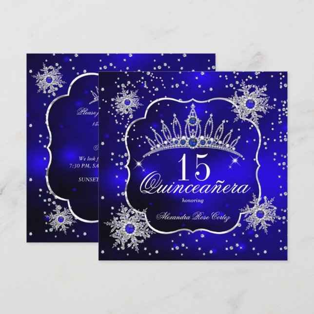 Convites Quinceanera Royal Blue Snowflake, Festa de 15 Tiar (Frente/Verso)