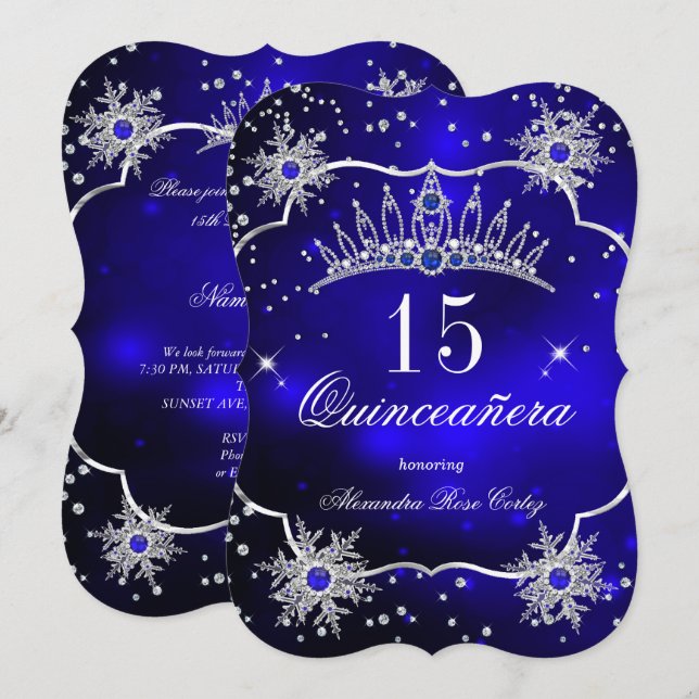 Convites Quinceanera Royal Blue Snowflake, Festa de 15 Tiar (Frente/Verso)