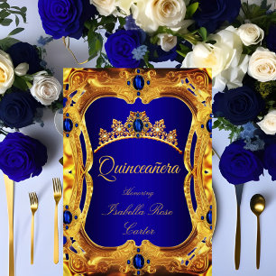 Convites Quinceanera Royal Blue Ultra Dourado Tiara