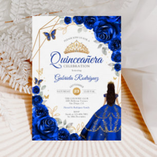 Convites Quinceanera Royal Blue Vestido Dourado