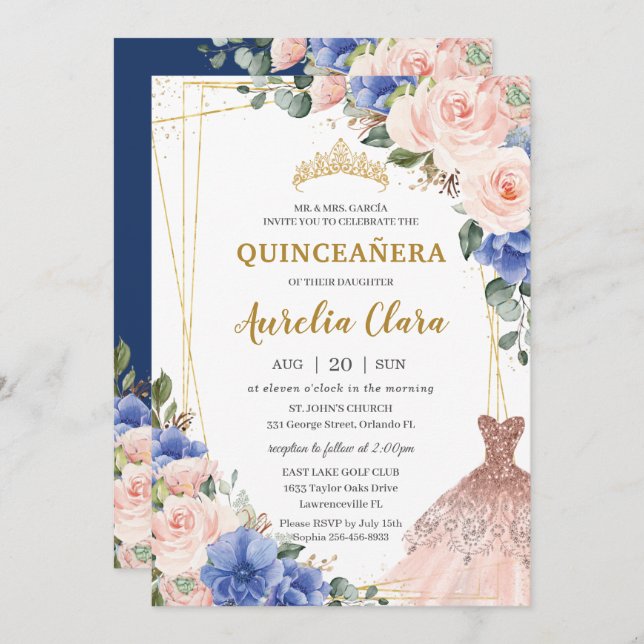 Convites Quinceañera Royal Blush Floral Tiara (Frente/Verso)