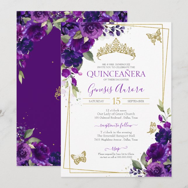 Convites Quinceañera Royal Purple Butterfly (Frente/Verso)
