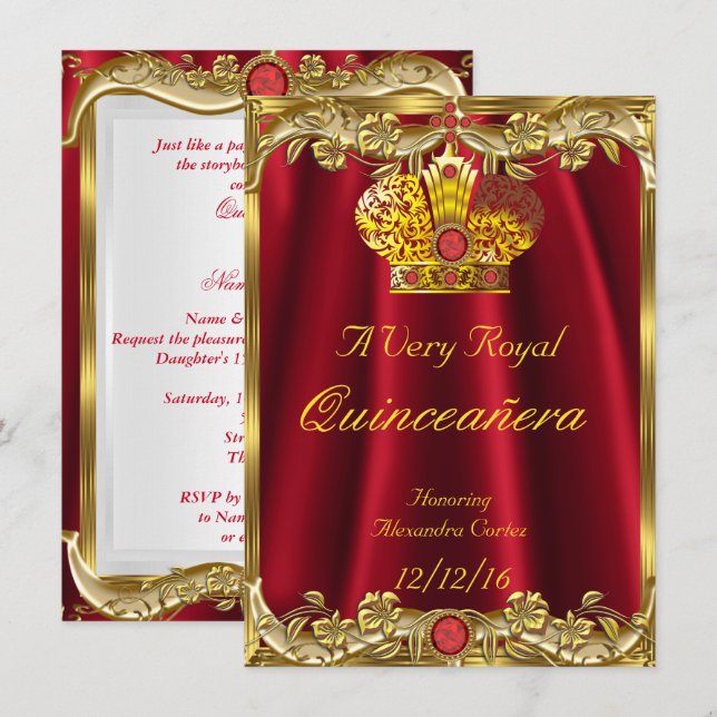 Convites Quinceanera Royal Red Gem Dourada Princesa Coroa 2 (Frente/Verso)