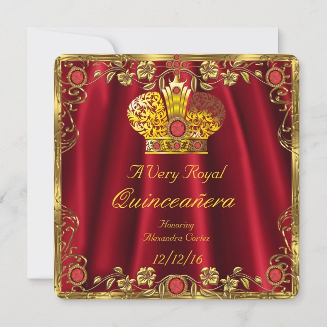 Convites Quinceanera Royal Red Gem Dourada Princesa Coroa 3 (Frente)
