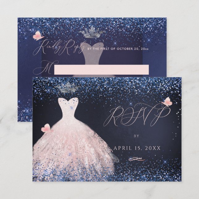 Convites Quinceanera RSVP Butterfly Blush Marinho (Frente/Verso)