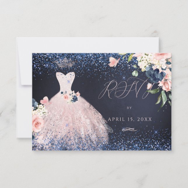 Convites Quinceanera RSVP Butterfly Blush Marinho (Frente)