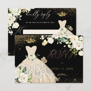 Convites Quinceanera RSVP Champagne Dourada Glitter Gown