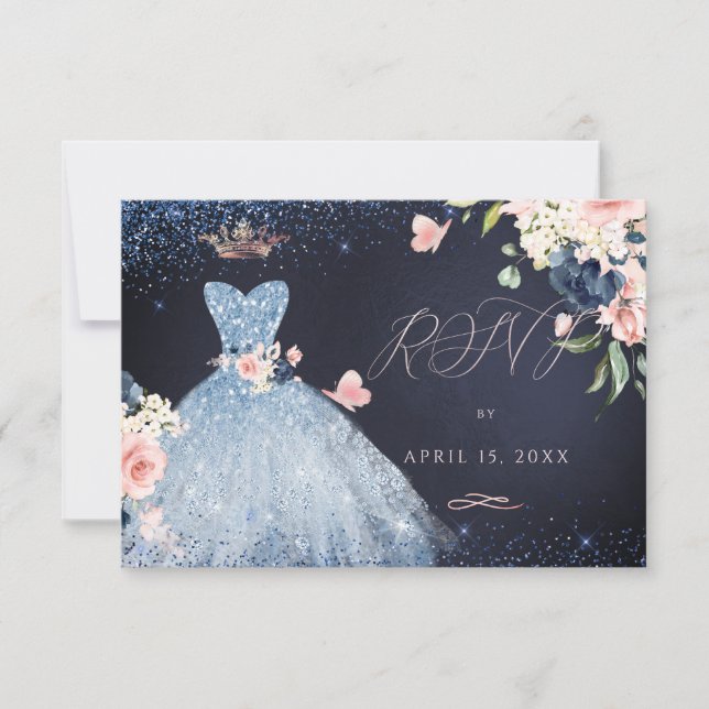 Convites Quinceanera RSVP Dusty Blue Glitter (Frente)