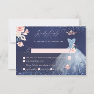 Convites Quinceanera RSVP Dusty Blue Glitter Princess