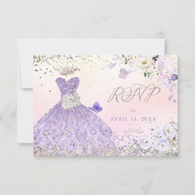 Convites Quinceanera RSVP Dusty Purple Glitter (Frente)