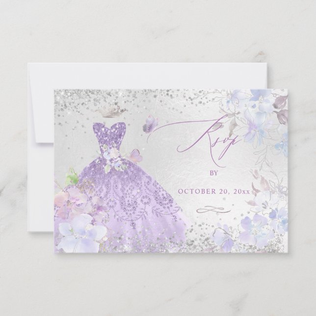 Convites Quinceanera RSVP Dusty Purple Glitter (Frente)