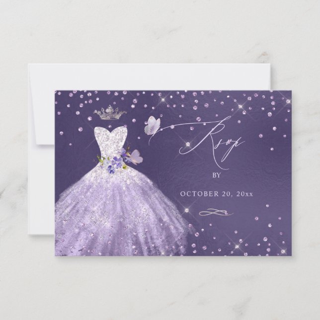 Convites Quinceanera RSVP Dusty Purple Glitter (Frente)